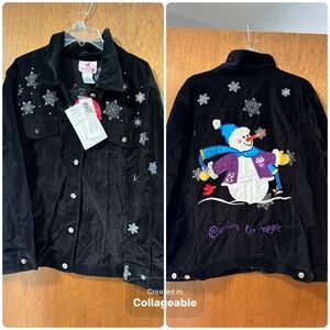 Quacker Factory Plus Size 2X Black Velvet Snowman Jacket Beaded Snowflakes